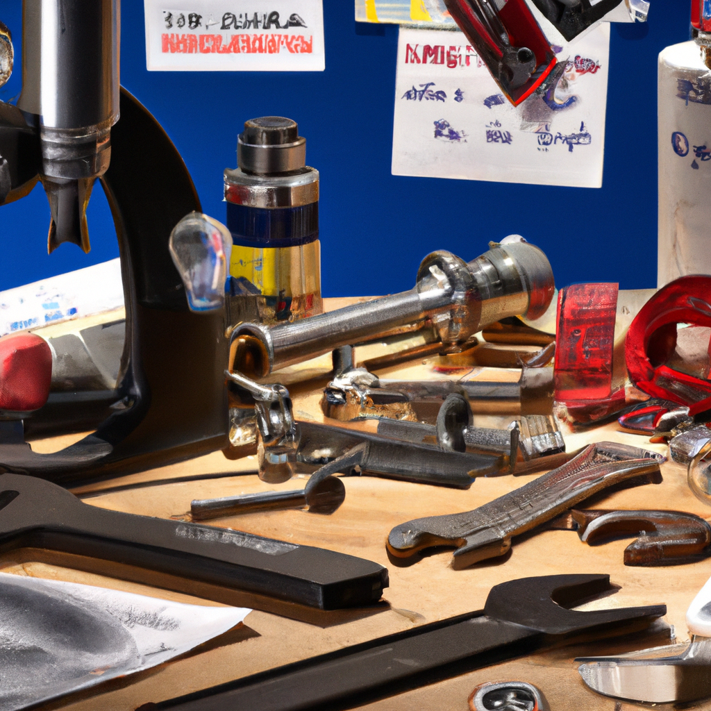 Banco da lavoro con ricambi nautici e catalogo