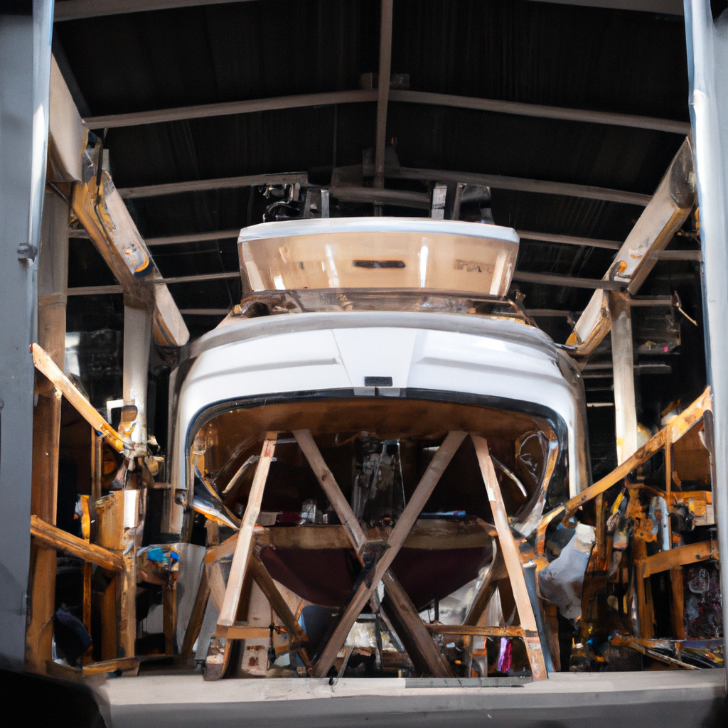 Yacht in manutenzione in un cantiere navale italiano con attrezzature professionali e ponte in teak