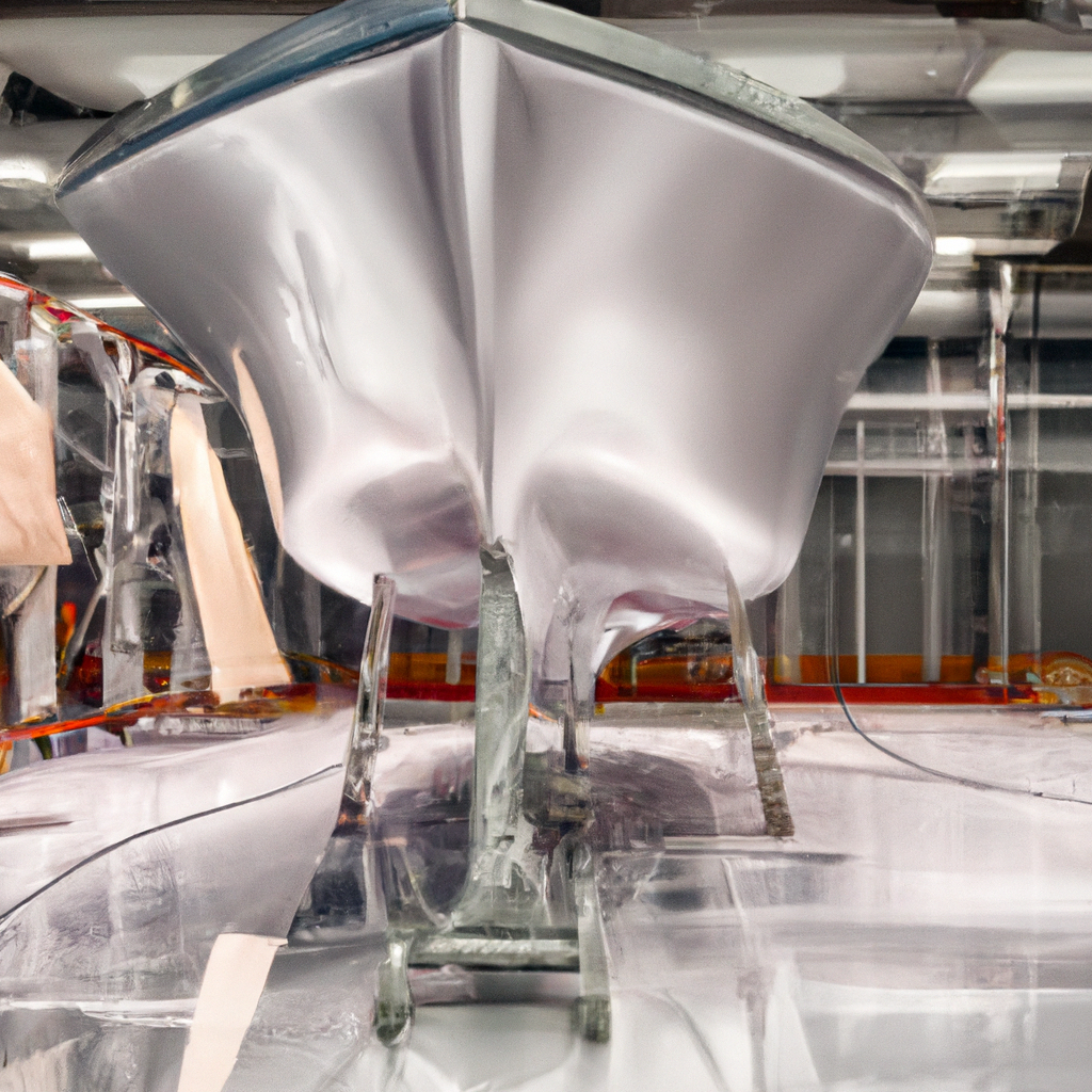 Scafo yacht lucido in officina marina con attrezzi professionali